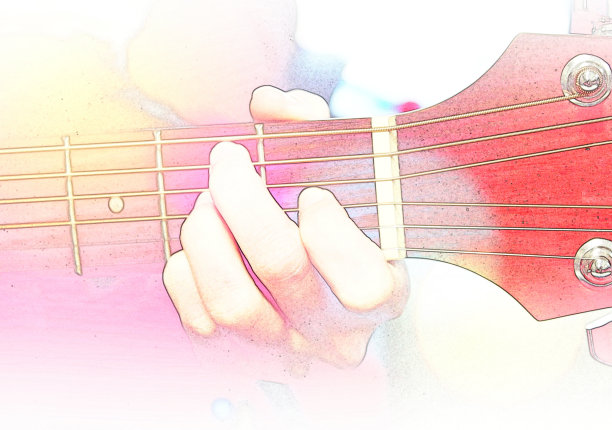 抽象美丽的吉他演奏前景上的水彩画背景和数字插图画笔艺术。图片下载