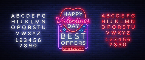 情人节是一个求婚、霓虹风格横幅的模板。采购产品霓虹灯标志，海报设计的一个商店，明亮的旗帜，发光的霓虹灯广告，传单，明信片，小册子。向量。编辑文字霓虹灯图片下载