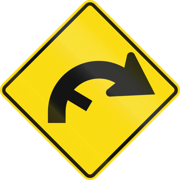 新西兰路标-在90度到120度之间弯曲，向右隐藏出口图片下载