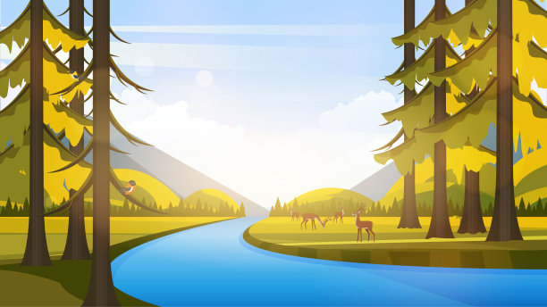 矢量美丽的平面插图风格的景观在春天/夏天。河流、山脉和树木。素材图片