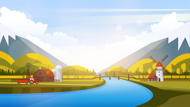 矢量美丽的平面插图风格的景观在春天/夏天。河流、山脉和树木。素材图片