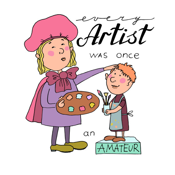 矢量插图的卡通伟大的艺术家与调色板和和男孩画家图片下载