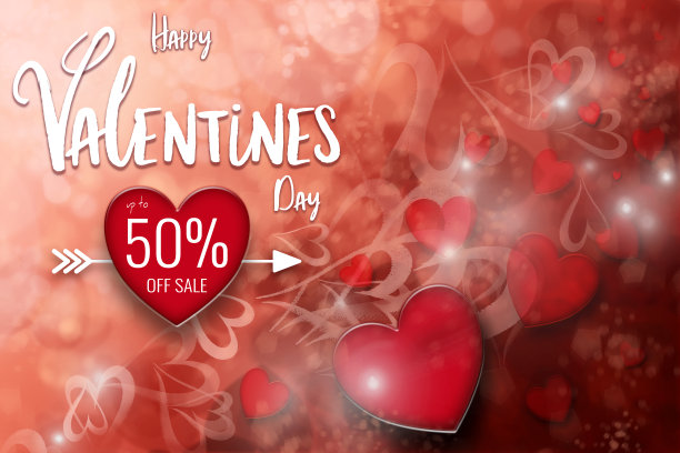 情人节销售高达50%的旗帜与红色的爱的心。图片下载