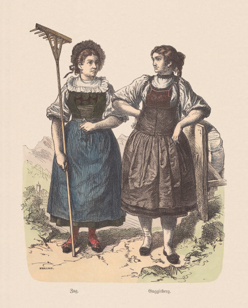 瑞士服装(楚格，古吉斯堡)，19世纪，手工着色木刻，大约1880年出版图片下载