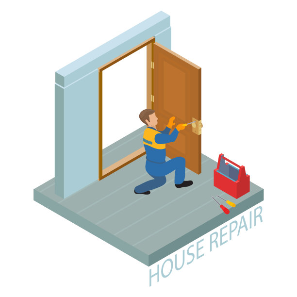 等距室内修理概念。建筑者修理门把手图片下载