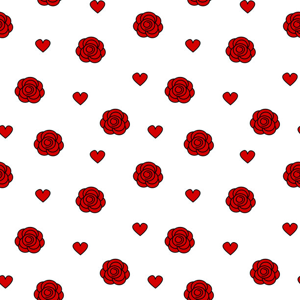 可爱可爱的无缝矢量图案背景插图与红玫瑰和心图片下载