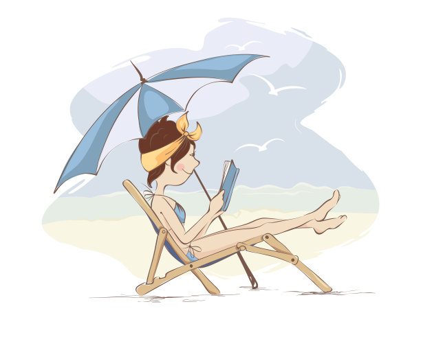 在海滩上看书的女孩图片下载