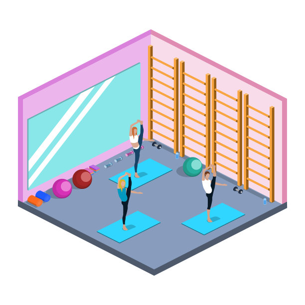 瑜伽课和普拉提课上，人们都在做运动等距三维矢量插图图片下载
