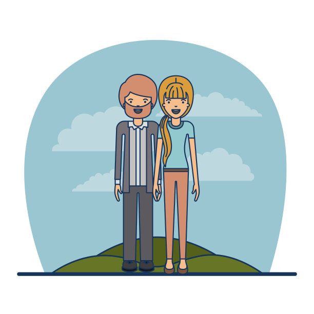 一对教师职业的大胡子男人和女人与金发马尾辫在草地上的天空景观图片下载