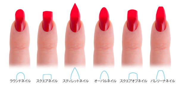 日本美甲沙龙的形状:圆形，方形，细高跟鞋，杏仁，方形椭圆形和芭蕾舞图片下载