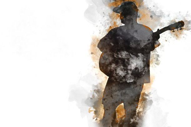 抽象的美丽男子弹吉他前景上的水彩画背景和数字插图画笔艺术。图片下载