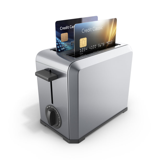 现代概念的快速贷款和支付信用卡在烤面包机上隔离白色背景3d渲染图片下载