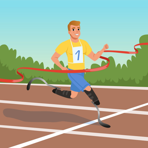 戴假肢参加跑步比赛的短跑运动员。残疾运动员。残奥会。卡通运动员跨越终点带。平面向量的设计图片下载