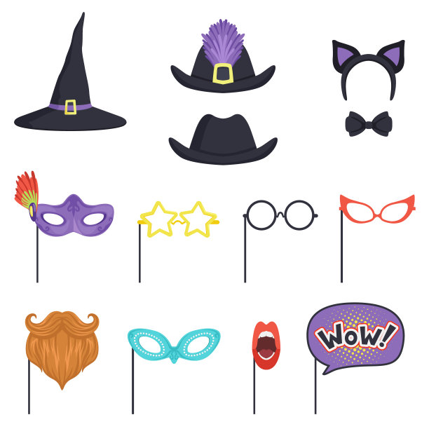 色彩缤纷，配有嘉年华面具和帽子。女巫帽，眼镜，胡子，嘴唇，气泡，猫耳朵和领结。派对和化妆舞会的配饰。平面向量图片下载