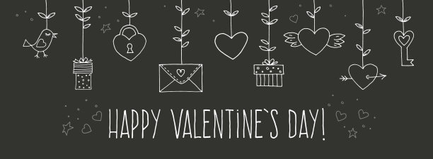 喜欢装饰复古元素的黑色背景。手绘收藏与心，翅膀，枝与叶，鸟，礼物，锁，钥匙，信和字母。涂鸦集，卡通浪漫的物品。矢量插图。图片下载