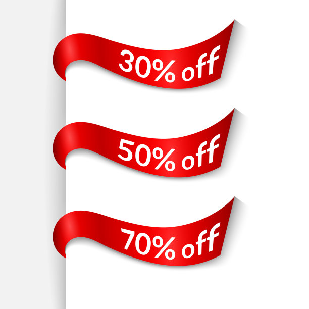 红色带文字30% 50% 70%折扣白色背景孤立的广告横幅设计元素海报推广一套丝带销售网络商店业务创意图标网络矢量图片下载