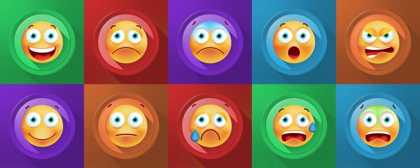 一套可爱的表情符号的颜色按钮上的颜色背景。孤立的矢量图图片下载