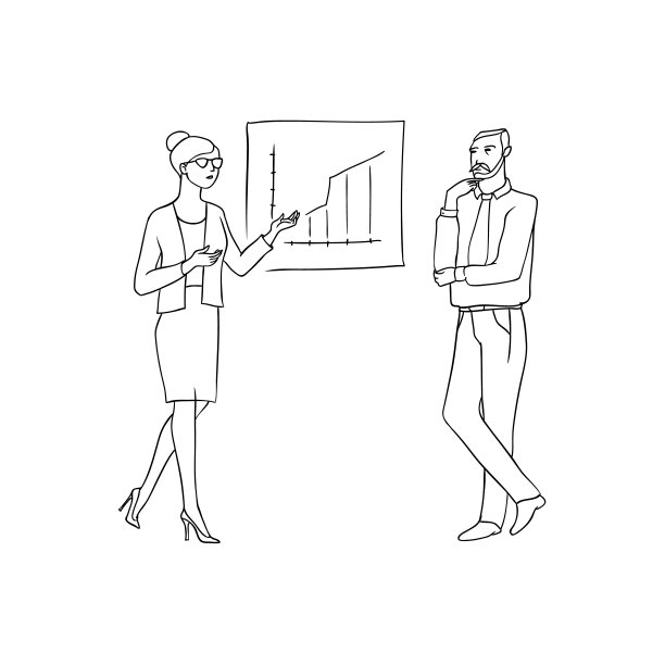 矢量草图黑色轮廓孤立的插图商业人士。一位身着西装的女士正在分析未来销售增长图表，并与一位男性员工进行讨论图片下载