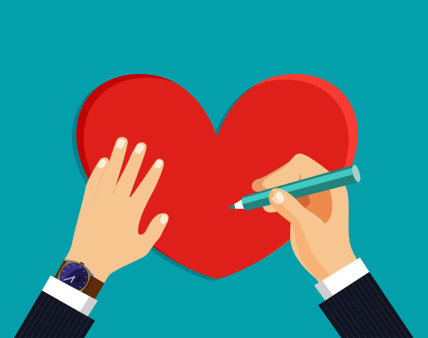 男人在写情人节的情书。前视图。矢量平面样式插图图片下载