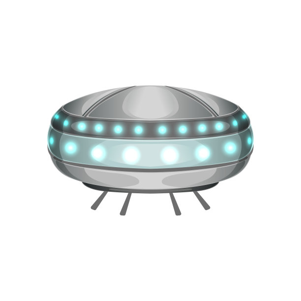 未来形状的卡通外星飞船。带有蓝光的大型外星飞船。金属飞船飞行。宇宙星系的主题。彩色平面矢量设计图片下载