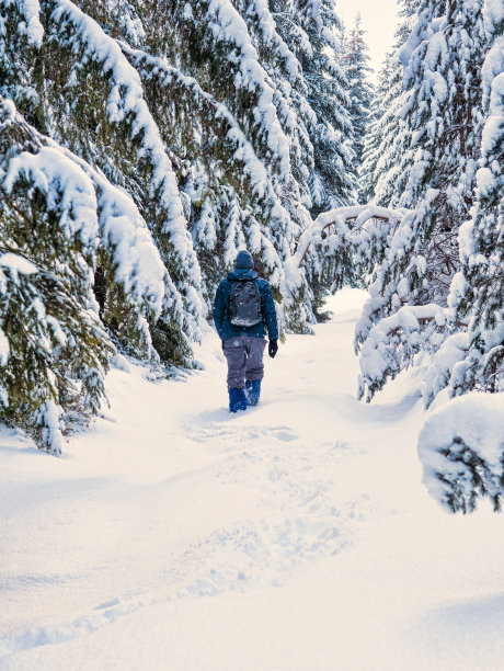 一个背着背包的男人在冬天的雪地里徒步旅行。旅行，健身和健康的生活方式。图片下载