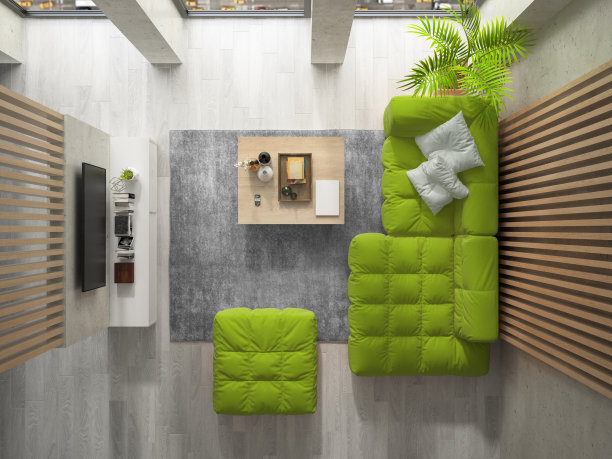 室内现代设计房间俯视图3D插图图片下载