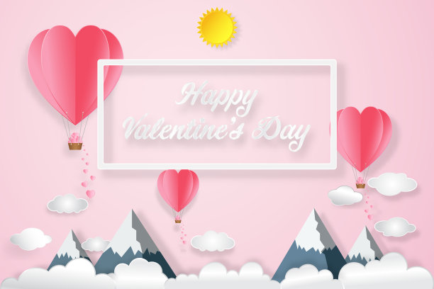 热气球和心形，阳光下的粉红色天空为爱的背景，情人节在2月14日，婚礼和纸艺术概念。矢量插图。图片下载