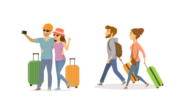 一对快乐的年轻夫妇，带着行李箱旅行图片下载