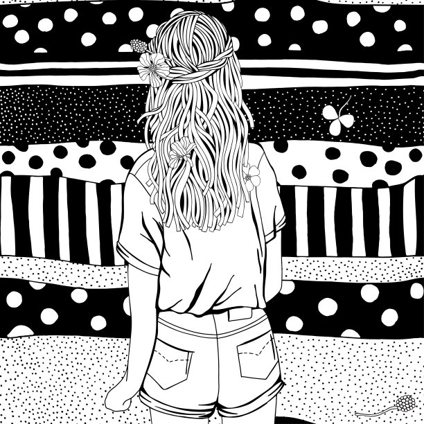 带着长头发和鲜花的女孩。成人涂色书页。涂鸦风格图片下载