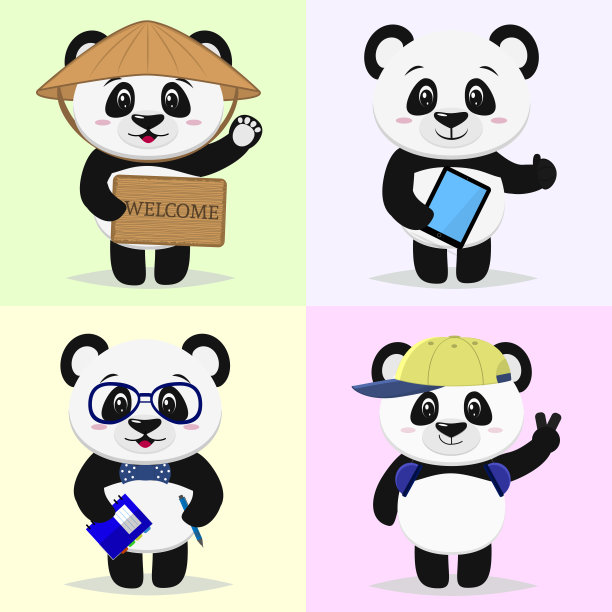 一组可爱的熊猫人物在不同的图像风格的卡通图片下载