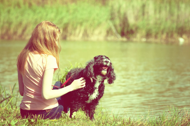背景是狗和红发瘦女孩图片下载