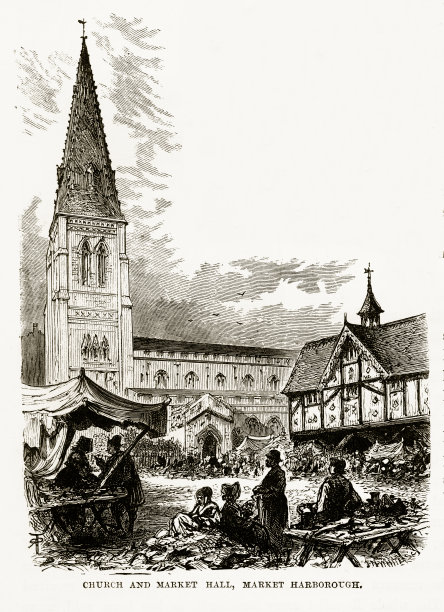教堂和市场，哈伯勒市场，英国维多利亚时代版画，大约1840年图片下载