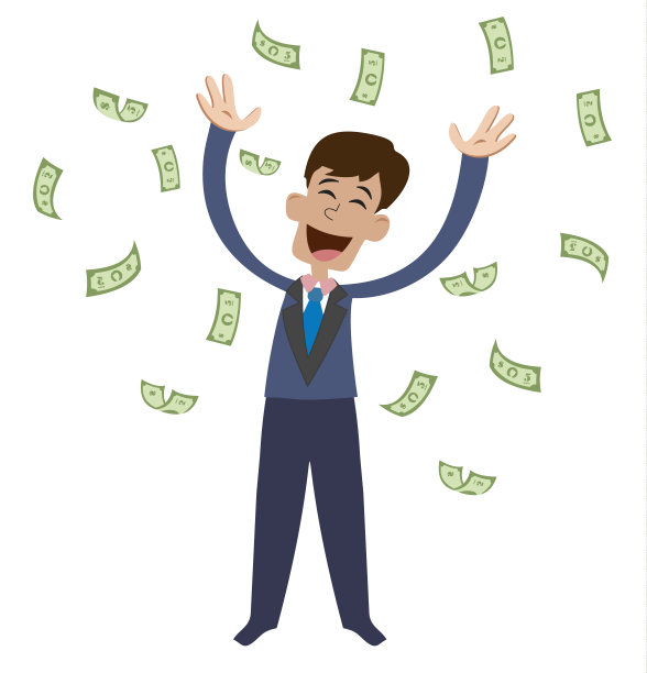 快乐的人。运气。美元从天上掉下来。一个办公室职员得到很多钱。图片下载