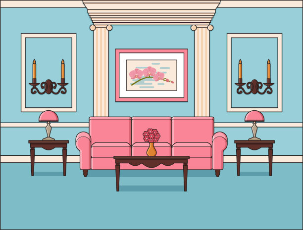 客厅平面室内在线条艺术。矢量插图。素材图片