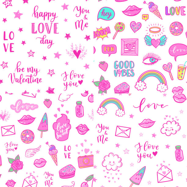 向量无缝模式设置与时尚有趣的补丁:嘴唇，草莓，蛋糕，相机，背景。流行艺术粉色可爱的贴纸，婚礼的补丁，情人节，爱的印刷品图片下载
