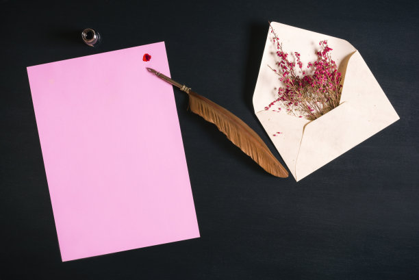 羽毛笔在空白纸上和花图片下载