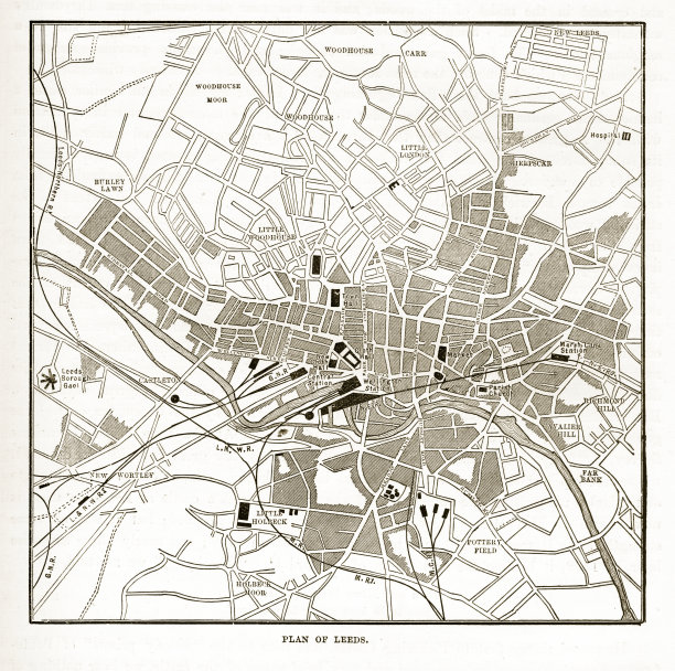 英国利兹的维多利亚地图，雕刻，大约1840年图片下载