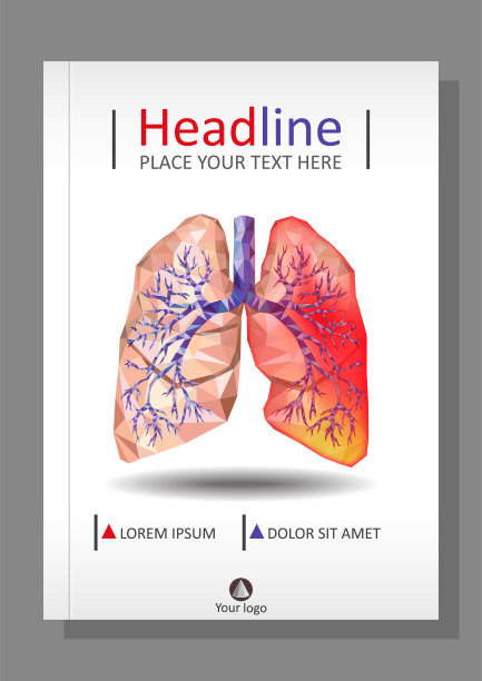 封面模板书籍，横幅，杂志。生病的人类现实肺和气管在低聚。胸膜炎，一个肺周围的炎症。向量。图片下载