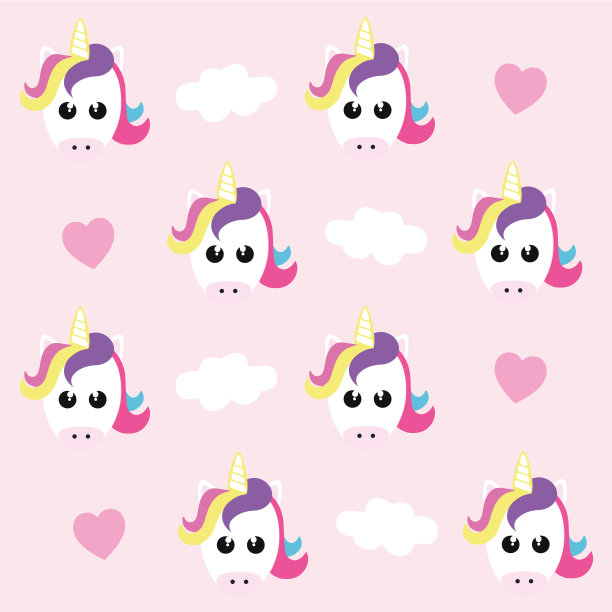可爱的矢量无缝图案心形，云彩和独角兽在粉红色的背景。图片下载