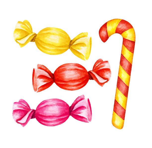 糖果、棒棒糖、甜点水彩插画素材图片