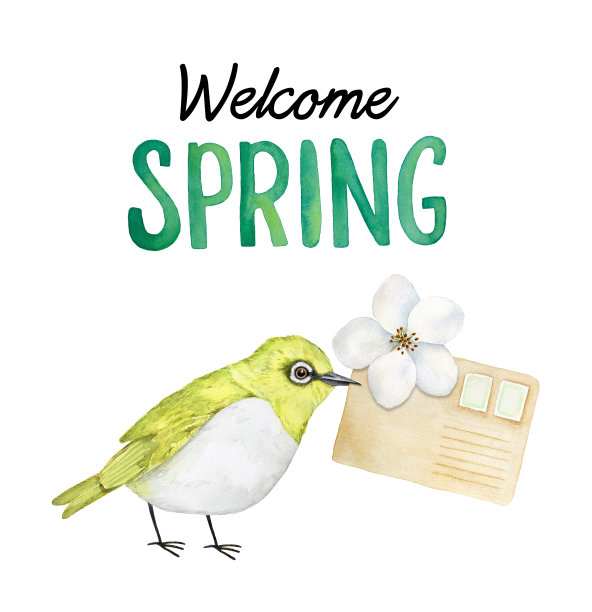 “欢迎春天”的邀请设计，可爱的小鸟，手写文字，苹果花，邮资短信信封，问好。图片下载