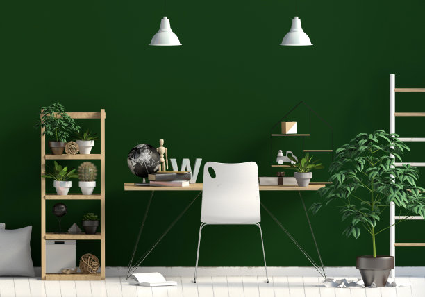 斯堪的纳维亚风格的现代室内，一个学习的地方。3 d演示。墙模型图片下载