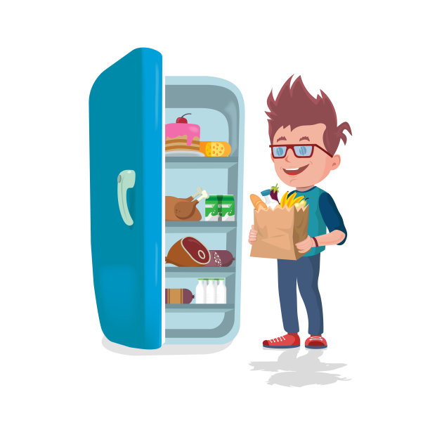 男孩在冰箱前拿着装满食物的纸袋素材图片
