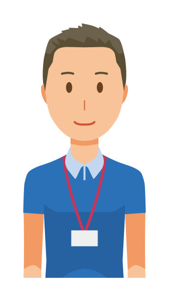 一名佩戴铭牌的男性工作人员上身站立图片下载