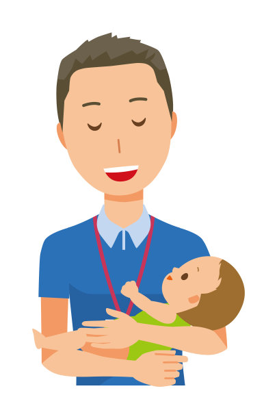 一位佩戴名牌的男员工正抱着一个婴儿的上半身图片下载