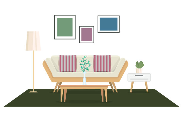 一套家具，室内和家居配件。带枕头的沙发，房间背景。矢量图图片下载