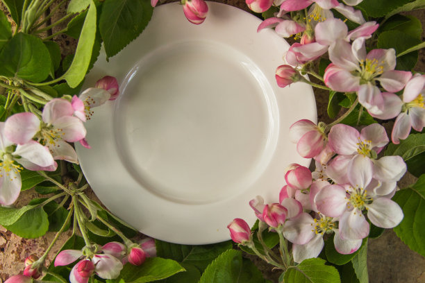 镶着苹果枝的盘子，为你的文本留出空间图片下载