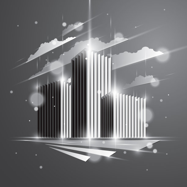 未来主义建筑，现代风格的向量建筑插图与模糊的灯光和眩光效果。房地产商业中心房地产灰色单色设计。城市立体商业办公立面。图片下载