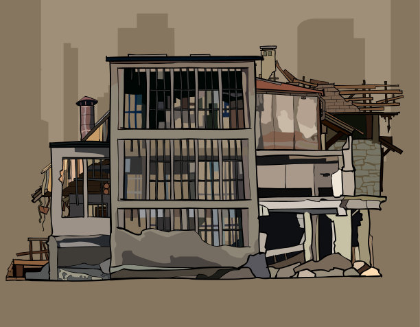 被漆成废墟的三层楼房图片下载