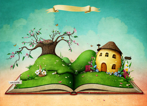 魔法书与复活节彩蛋屋。素材图片